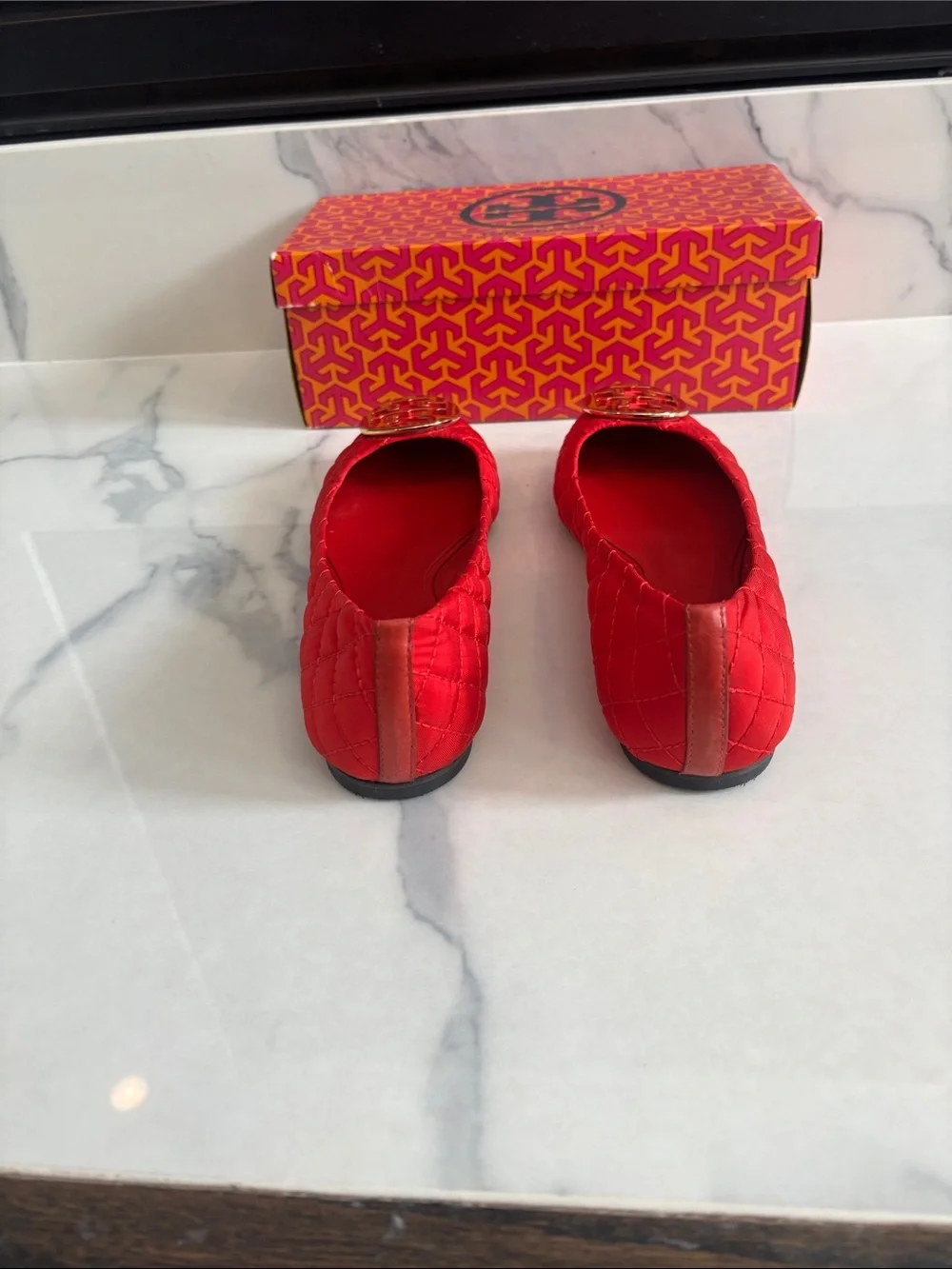 Tory Burch Bright Red Quilted Logo Flats with Gold Emblem